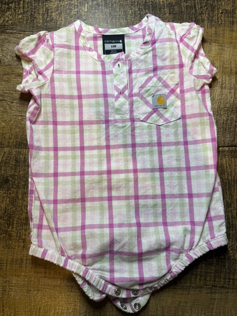 Carhartt Pink and Light Green Plaid Short-Sleeve Buttoned Romper